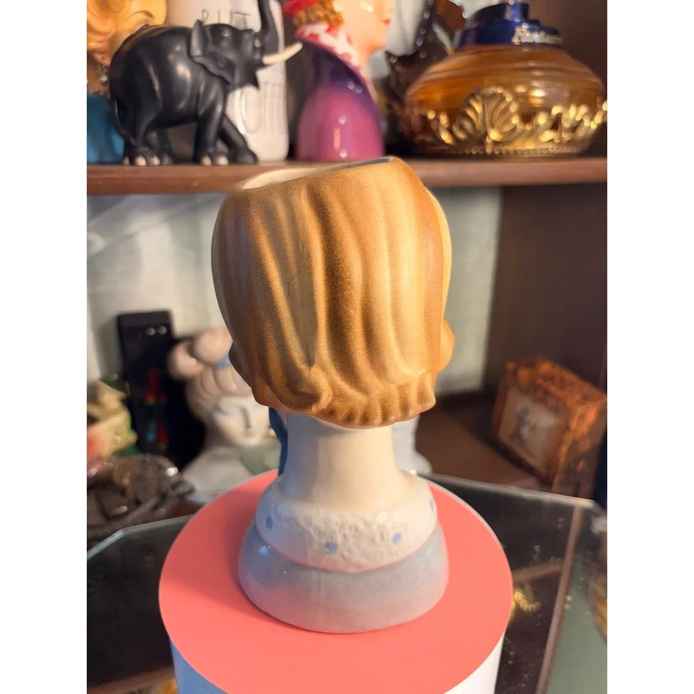 Vintage Mid Century Ceramic Lady Head Vase Blue Glove Blonde Hair 1950s Planter